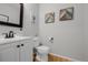Cozy half bathroom featuring a sleek vanity, modern fixtures, and stylish wall decor at 527 English Sparrow Trl, Highlands Ranch, CO 80129