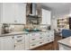 Modern kitchen with white cabinets, stainless steel appliances, and brick backsplash at 1300 W 13Th Ave, Broomfield, CO 80020