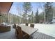 Deck with seating overlooks a snowy backyard with a playset and wooded area at 65 Cottonwood Dr, Evergreen, CO 80439