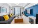Cozy living room with blue accent wall, comfortable sofa, and built-in entertainment center at 3171 Fulton St, Denver, CO 80238