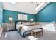 Main bedroom with blue walls, vaulted ceilings, and plush carpet at 7264 Wembley Pl, Castle Pines, CO 80108