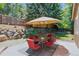 Backyard patio with dining table, seating, and umbrella at 7264 Wembley Pl, Castle Pines, CO 80108