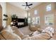 Cozy living room with high ceilings, a ceiling fan, and abundant natural light at 26530 E Euclid Pl, Aurora, CO 80016