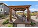 Relaxing backyard patio featuring a covered pergola, comfortable seating, and decorative elements at 26530 E Euclid Pl, Aurora, CO 80016