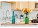 Kitchen counter with colorful vases and a modern faucet complementing the granite countertops and wood cabinetry at 723 W 5Th Ave, Denver, CO 80204