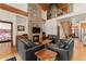 Inviting living room with stone fireplace, wood beams, and leather furniture for cozy gatherings at 50 Cooney Ct, Breckenridge, CO 80424