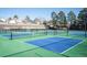 Outdoor pickleball court with vibrant blue and green colors, surrounded by trees at 7865 E Mississippi Ave # 608, Denver, CO 80247