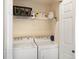 Bright laundry closet featuring a modern washer and dryer with storage shelves above at 1801 S Dunkirk St # 205, Aurora, CO 80017