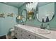 Well-lit bathroom boasting double sinks, decorative shelves, and modern fixtures at 5405 S Sicily St, Aurora, CO 80015