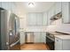 Modern kitchen with light gray cabinets, quartz countertops, herringbone backsplash and stainless steel appliances at 1610 N Humboldt St # 1/2, Denver, CO 80218