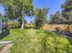 Large grass backyard with mature trees and a wooden privacy fence at 9540 King Way, Westminster, CO 80031