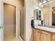 Bathroom featuring single sink vanity, a walk-in shower, and a separate toilet room at 10578 Parkington Ln # 35D, Highlands Ranch, CO 80126
