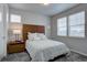 Bright bedroom with floral bedding, wood headboard, and natural light from two large windows at 1031 Turnberry Cir, Louisville, CO 80027