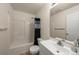 Clean bathroom featuring a shower/tub combo, white vanity, and toilet at 21950 E Crestline Ln, Aurora, CO 80015