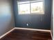 Simple bedroom with dark blue walls and hardwood floors at 1358 Buttercup Rd, Elizabeth, CO 80107