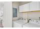 Functional laundry room with modern washer and dryer units and extra storage at 14652 E 2Nd Ave # 200D, Aurora, CO 80011