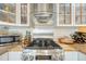 Close up of stainless steel range and hood, custom cabinets and tile backsplash at 861 N Humboldt St # A, Denver, CO 80218