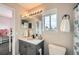 Bathroom featuring a modern vanity and sink with updated lighting at 4567 Flanders Way, Denver, CO 80249
