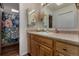 Bathroom featuring a vanity, mirror, and floral shower curtain at 1152 S Yosemite Way # 29, Denver, CO 80247