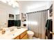 Well-lit bathroom with a single vanity, a mirror, and a toilet next to a shower with curtain at 7083 Leopard Dr, Lone Tree, CO 80124