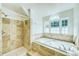 Elegant bathroom featuring a soaking tub with tile surround, and a separate shower at 234 Carroll Ln, Breckenridge, CO 80424