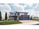 Modern two-story home with a three-car garage and well-manicured lawn, showcasing sleek architectural design at 5326 Lions Paw St, Castle Rock, CO 80104