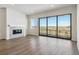 Open living room featuring a fireplace, access to a balcony with views, and wood-look floors at 13695 Emerald Lake St, Parker, CO 80138