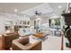 Open-concept living area with hardwood floors, fireplace, and views of the kitchen and dining area at 2 Viking Dr, Englewood, CO 80113