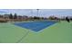 Immaculate tennis court offers a smooth blue surface with green surroundings, promoting both competitive and casual play at 7809 Bandit Dr, Castle Rock, CO 80108