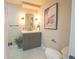 Modern powder room featuring a gray vanity, sleek fixtures, and a stylish mirror, adding a touch of elegance at 3957 S Peach Way, Denver, CO 80237