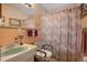 Retro bathroom featuring a green sink, peach tiling, and accessibility features at 3311 S Dahlia St, Denver, CO 80222