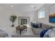 Comfortable living room with a gray sofa, fireplace, and large windows for natural light at 6611 Lamar St, Arvada, CO 80003