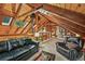 This living room includes wood paneled ceilings, exposed beams, a leather sofa, and a leather recliner at 1673 Sinton Rd, Evergreen, CO 80439