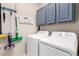Functional laundry room equipped with a washer, dryer, storage cabinets, and practical accessories at 1038 Mircos St, Erie, CO 80516