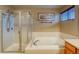 Bright bathroom featuring a shower, soaking tub, and a modern shower head at 3779 Aspen Hollow Ct, Castle Rock, CO 80104
