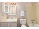 Cozy bathroom featuring a combination tub and shower and a vanity with a decorative mirror and ambient lighting at 7484 E Princeton Ave, Denver, CO 80237