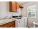 Practical laundry room with modern washer and dryer, sink, and cabinetry at 26155 E Euclid Dr, Aurora, CO 80016