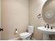 Elegant half bathroom with a stylish pedestal sink and modern fixtures, offering convenience for guests at 10055 Fort Worth Ct, Parker, CO 80134