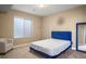 Comfortable bedroom with a plush blue bed, modern light fixture, and a large window with bright natural light at 10055 Fort Worth Ct, Parker, CO 80134