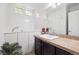 Bright bathroom featuring a walk-in bathtub, neutral-toned tile countertop, and large wall mirror at 5471 Ensenada Ct, Denver, CO 80249