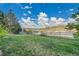 Backyard featuring a bright blue sky, green grass, white fence and mountain view at 3790 Aspen Hollow Ct, Castle Rock, CO 80104