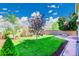 Beautifully landscaped backyard with lush green grass, mature trees, and a stone patio, perfect for outdoor relaxation at 10057 Cedaridge Way, Highlands Ranch, CO 80129