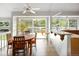 Dining area opens to deck via sliding glass door; features breakfast bar and stainless sink at 10572 E Orchard Pl, Englewood, CO 80111