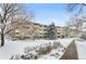 Exterior shot of building surrounded by mature trees and snow-covered grounds at 595 S Alton Way # 1C, Denver, CO 80247