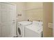 This laundry room includes a washer, dryer, and shelving for storage at 15594 E 97Th Ave, Commerce City, CO 80022