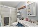 Bathroom featuring a shower with glass doors, blue vanity, and bright natural light at 1390 W 78Th Cir, Denver, CO 80221