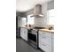 Modern kitchen featuring stainless steel appliances, white cabinets, and butcher block countertops at 8240 Grandview Ave, Arvada, CO 80002