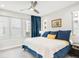 Bright bedroom with large windows, soft carpet, and a comfortable bed with stylish blue pillows at 1333 Elati St # 1, Denver, CO 80204