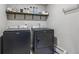 Efficient laundry room featuring modern, dark gray, high-efficiency washer and dryer and functional storage at 176 W Elm St, Elizabeth, CO 80107