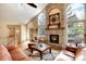 Bright living room with stone fireplace, vaulted ceiling, large windows, and comfortable seating at 740 W Lancers Ct, Monument, CO 80132